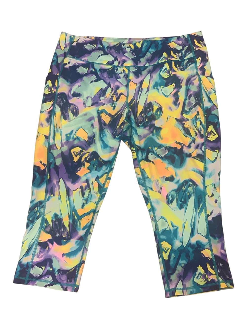 Tek Gear Multicolor Abstract Capri‎ Leggings Teal, Purple, Yellow Workout Sz 2X